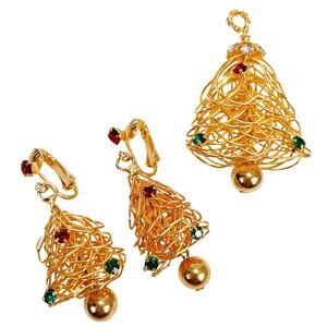 Vintage Gold Tone Rhinestone Christmas Tree Pendant Brooch Clip-On Earrings Set